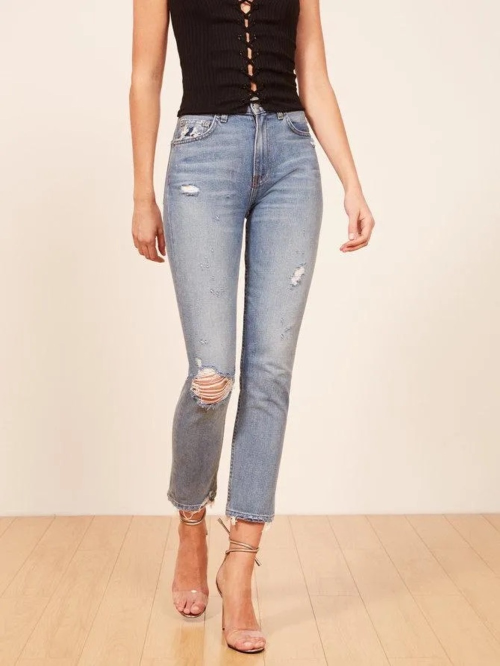 Reformation Julia Crop High Cigarette Jeans Distressed Arches Size 25